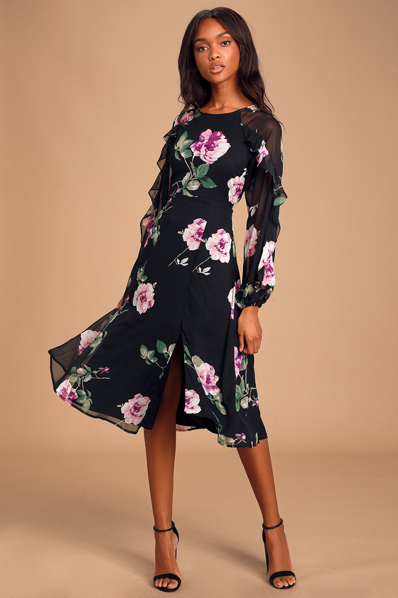 Black Floral Dress - Floral Midi Dress ...